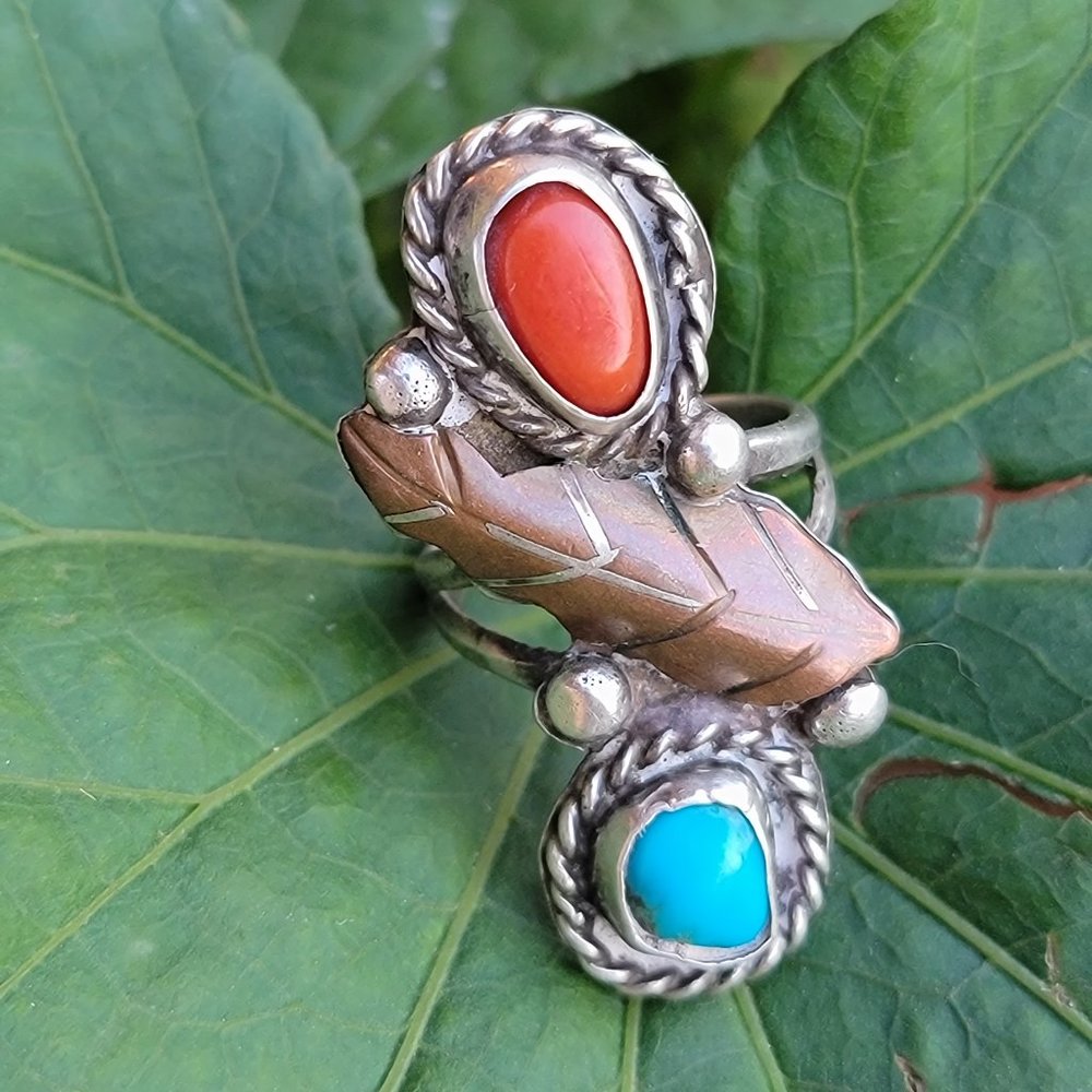 Gorgeous vintage Native American handmade LONG turquoise and coral copper 925